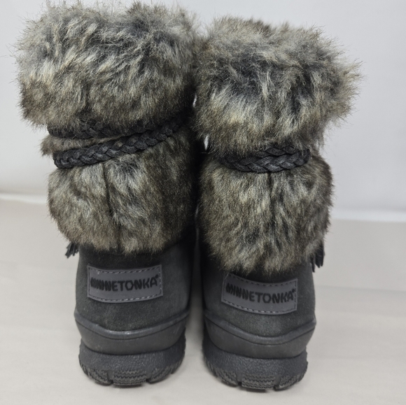 Minnetonka Womens Everett Boots Sz 7 Charcoal Suede Faux Fur Braided Suede Tie - Picture 4 of 14